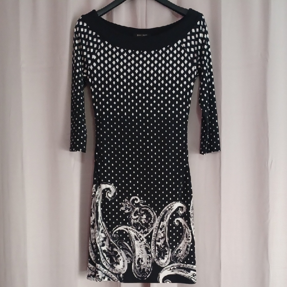 White House Black Market Multi Pattern A-Line Dress Boat Neck 3/4 Sleeve Stretch
